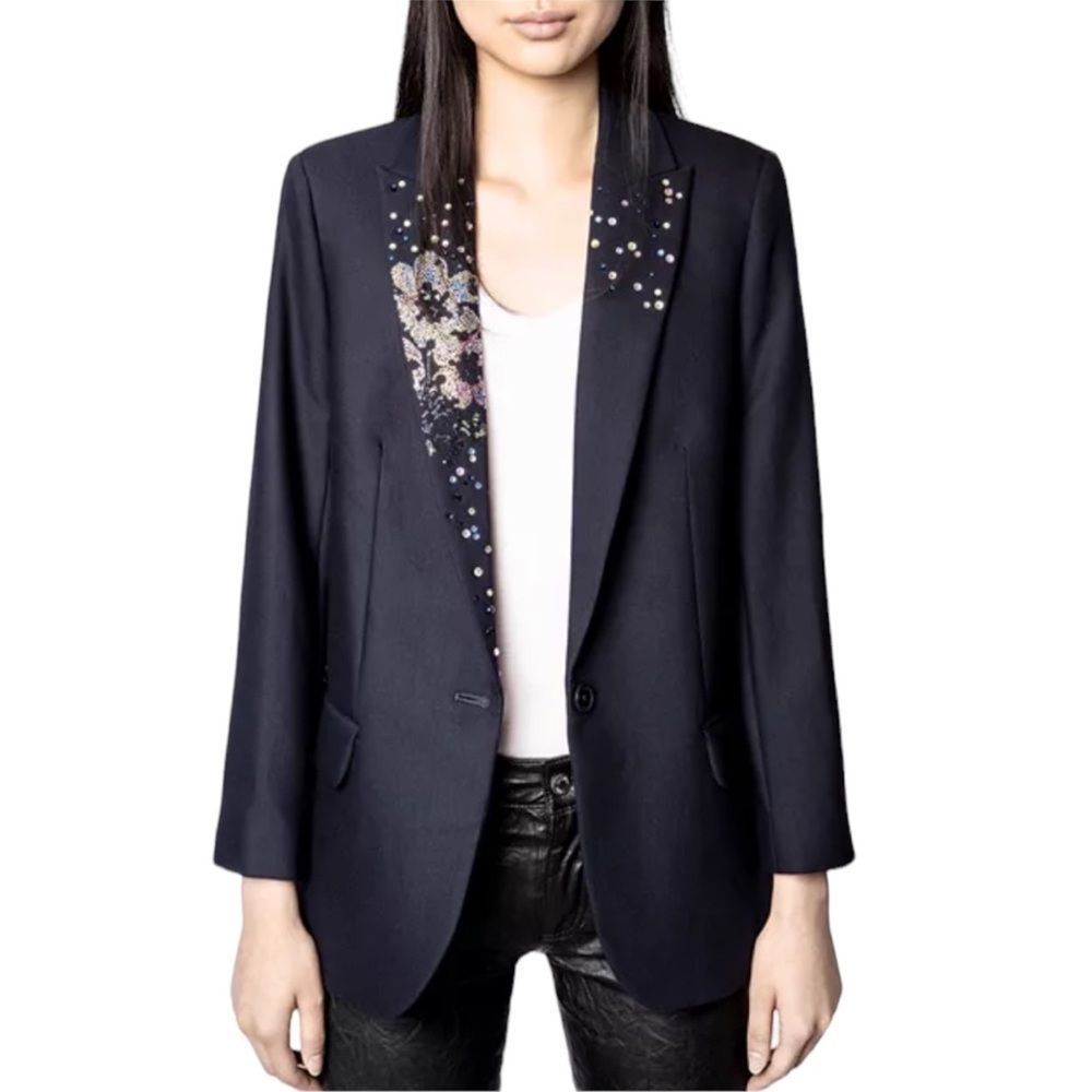 Zadig and Voltaire Blazer Womens Médium Navy Blue Viva Strass Flower Jacket